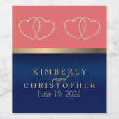 コーラルとネイビー、金ゴールドハート ワインラベル (シングルラベル)