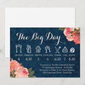 コーラルとピーコックネイビーの結婚式タイムライン プログラム (正面/裏面)