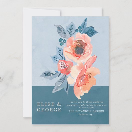 コーラルと埃っぽいブルーユニークフローラ結婚ズ 招待状 (正面)