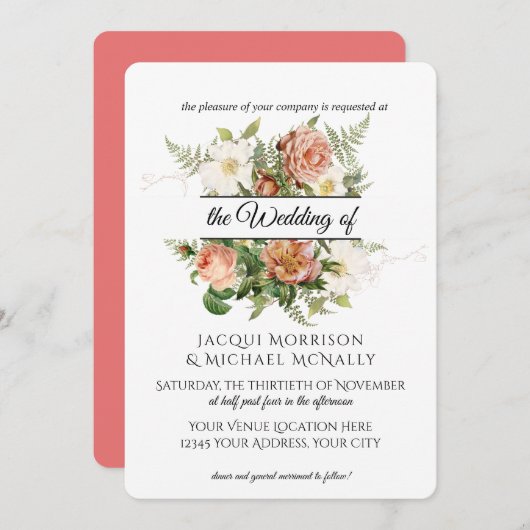 コーラルと赤面牡丹、バラwシダリース結婚ズ 招待状 (正面/裏面)