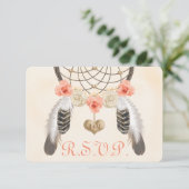 コーラルと金ゴールドボーホドリームキャッチャー結婚式RSVPカード 出欠カード (スタンド正面)