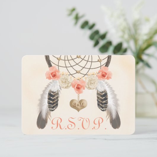 コーラルと金ゴールドボーホドリームキャッチャー結婚式RSVPカード 出欠カード (スタンド正面)