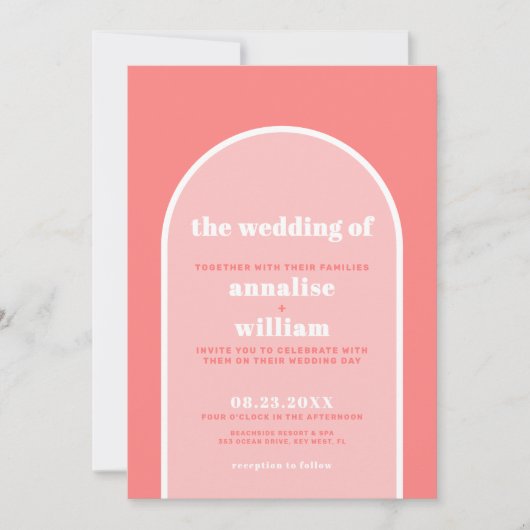 コーラルはっきりしたピンクレトロサマー結婚ズ 招待状 (正面)