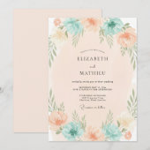 コーラルアクアの葉とユーカリの結婚式 招待状 (正面/裏面)