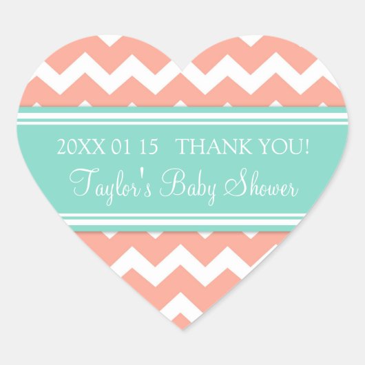 コーラルアクアシェブロン赤ちゃんシャワー好意ステッカー ハートシール (正面)