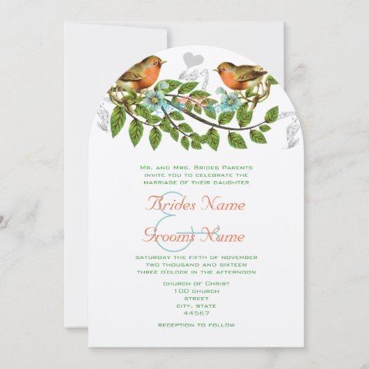 コーラルアップルアクアヴィンテージバード結婚式招待状 招待状 (正面)