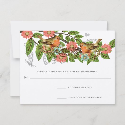 コーラルアップルアクアヴィンテージバード結婚式招待状 招待状 (正面)