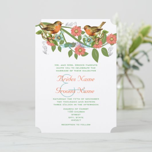 コーラルアップルアクアヴィンテージバード結婚式招待状 招待状 (スタンド正面)