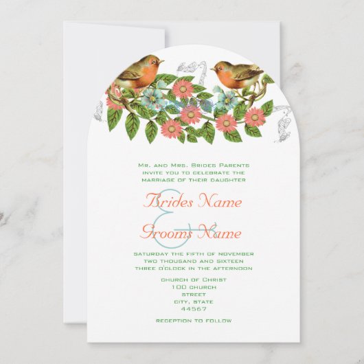 コーラルアップルアクアヴィンテージバード結婚式招待状 招待状 (正面)