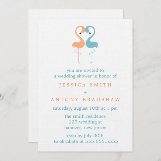 コーラルアンドアクアフラミンゴスカップルウェディングシャワー 招待状 (正面/裏面)