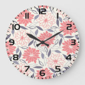 コーラルアンドクリームフローラルパターンヴィンテージダリア ラージ壁時計 (正面)