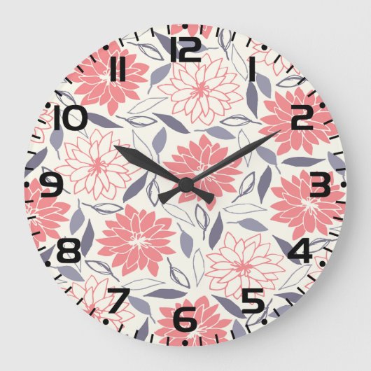 コーラルアンドクリームフローラルパターンヴィンテージダリア ラージ壁時計 (正面)