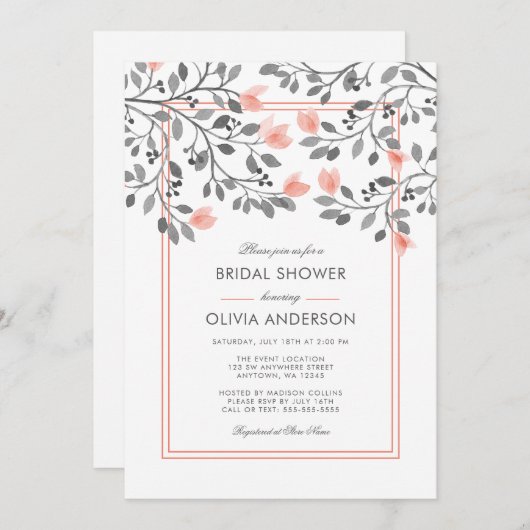 コーラルアンドグレーフローラ水カラーブライダルシャワー 招待状 (正面/裏面)