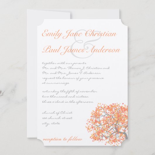 コーラルアンドグレーロマンチックツリー結婚式招待状 招待状 (正面)