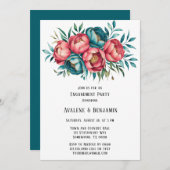 コーラルアンドティール(緑がかった色)牡丹金ゴールド婚約パーティ 招待状 (正面/裏面)