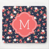 コーラルアンドネイビーシックヴィンテージフローラプリントモノグラム マウスパッド (正面)