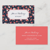 コーラルアンドネイビーシックヴィンテージフローラプリント 名刺 (正面/裏面)
