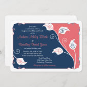 コーラルアンドネイビーブルーリーフィーつる植物フローラ結婚ズ 招待状 (正面/裏面)