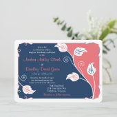 コーラルアンドネイビーブルーリーフィーつる植物フローラ結婚ズ 招待状 (スタンド正面)