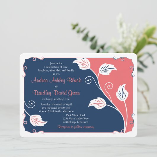 コーラルアンドネイビーブルーリーフィーつる植物フローラ結婚ズ 招待状 (スタンド正面)