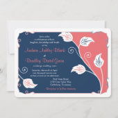 コーラルアンドネイビーブルーリーフィーつる植物フローラ結婚ズ 招待状 (正面)