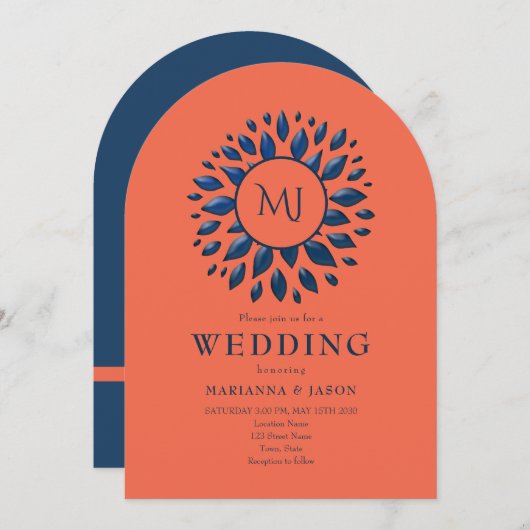 コーラルアンドネイビーブルー結婚式招待状 招待状 (正面/裏面)
