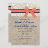 コーラルアンドネイビーリボン素朴ブライダルシャワー 招待状 (正面/裏面)