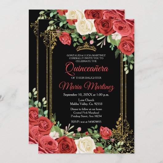 コーラルアンドブラッククインセアニラフローラ誕生日 招待状 (正面/裏面)