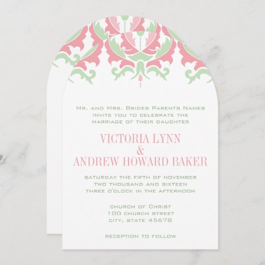 コーラルアンドミントダマスウェディング招待状 招待状 (正面/裏面)