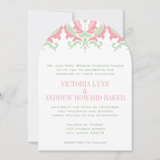 コーラルアンドミントダマスウェディング招待状 招待状 (正面)