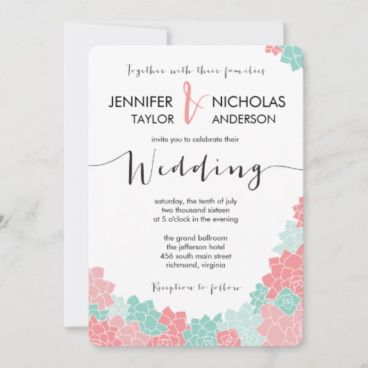 コーラルアンドミントフラワー結婚式招待状 招待状 (正面)