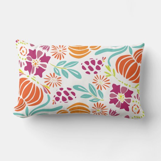 コーラルイエローパープルグリーンアールデコフローラルパターン ランバークッション (正面)