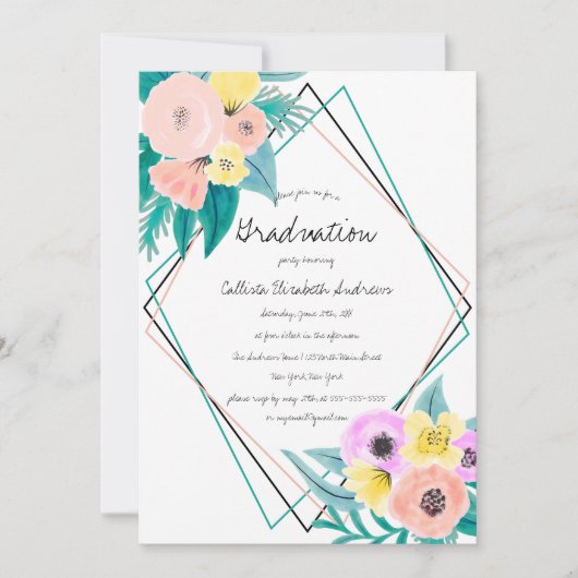 コーラルイエローフローラ水カラーフレーム卒業 招待状 (正面)
