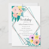 コーラルイエローフローラ水カラーGeoフレーム誕生日 招待状 (正面)