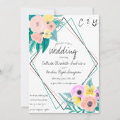 コーラルイエローフローラ水彩ジオフレーム結婚ズ 招待状 (正面)