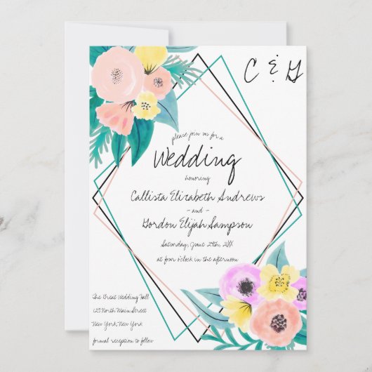 コーラルイエローフローラ水彩ジオフレーム結婚ズ 招待状 (正面)