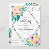 コーラルイエローフローラ水彩ジオフレーム結婚ズ 招待状 (正面/裏面)