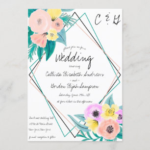 コーラルイエローフローラ水彩ジオフレーム結婚ズ 招待状