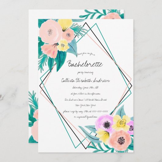 コーラルイエロー フラワーズ ウォーターカラー フレーム ブライズメイド 招待状 (正面/裏面)