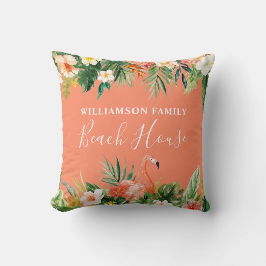 コーラルウォーターカラートロピカルフローラビーチハウス クッション (正面)
