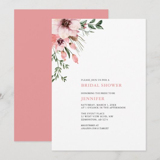 コーラルウォーターカラーフラワーズブライダルシャワー招待 招待状 (正面/裏面)