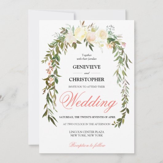 コーラルウォーターカラーフローラエレガントウェディング招待状 招待状 (正面)