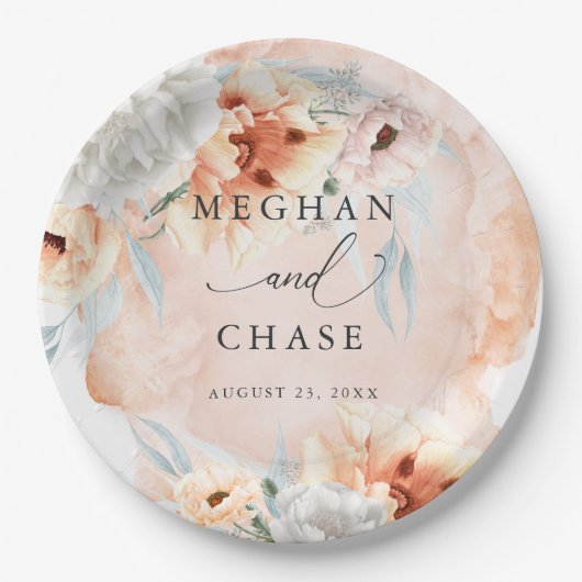 コーラルウォーターカラーポピーパーティー紙プレート ペーパープレート (正面)