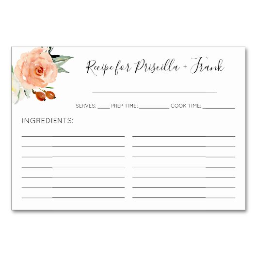 コーラルウォーターカラー牡丹ウェディングシャワーレシピカード テーブルナンバー (正面)