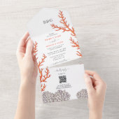 コーラルウォーターモダンカラービーチQRコー結婚ド オールインワン招待状 (貼ってはがせる)