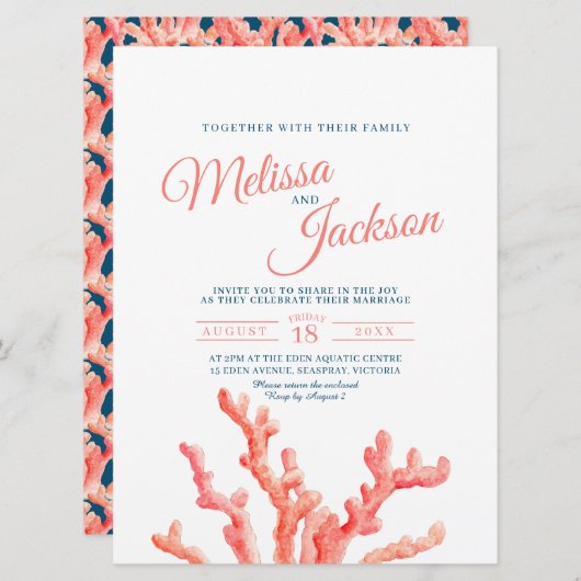 コーラルウォーター絵画カラーアートのネイビー結婚ブルー 招待状 (正面/裏面)