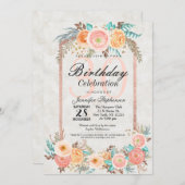 コーラルウォーター色の花と金ゴールド誕生日パーティー 招待状 (正面/裏面)