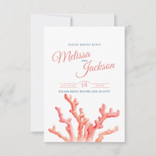 コーラルウォーター色アートオレンジブルー海結婚ズ 出欠カード (正面)