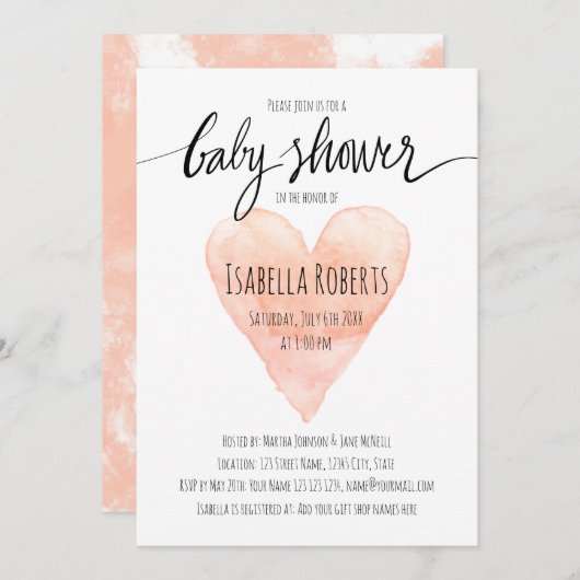 コーラルウォーター色タイポグラフィ赤ちゃんシャワー招待 招待状 (正面/裏面)