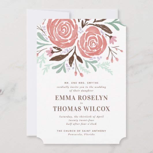 コーラルウォーター色バラフローラ結婚式招待状 招待状 (正面)